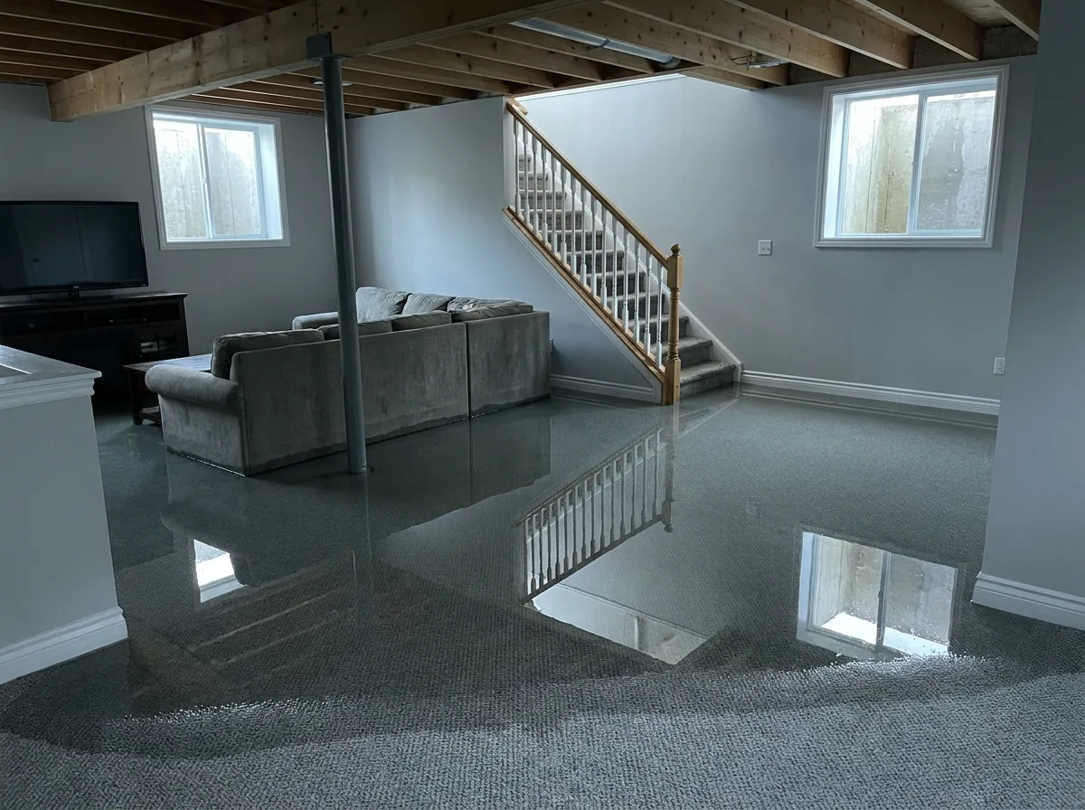 Flooded finished basement with standing water over the carpet