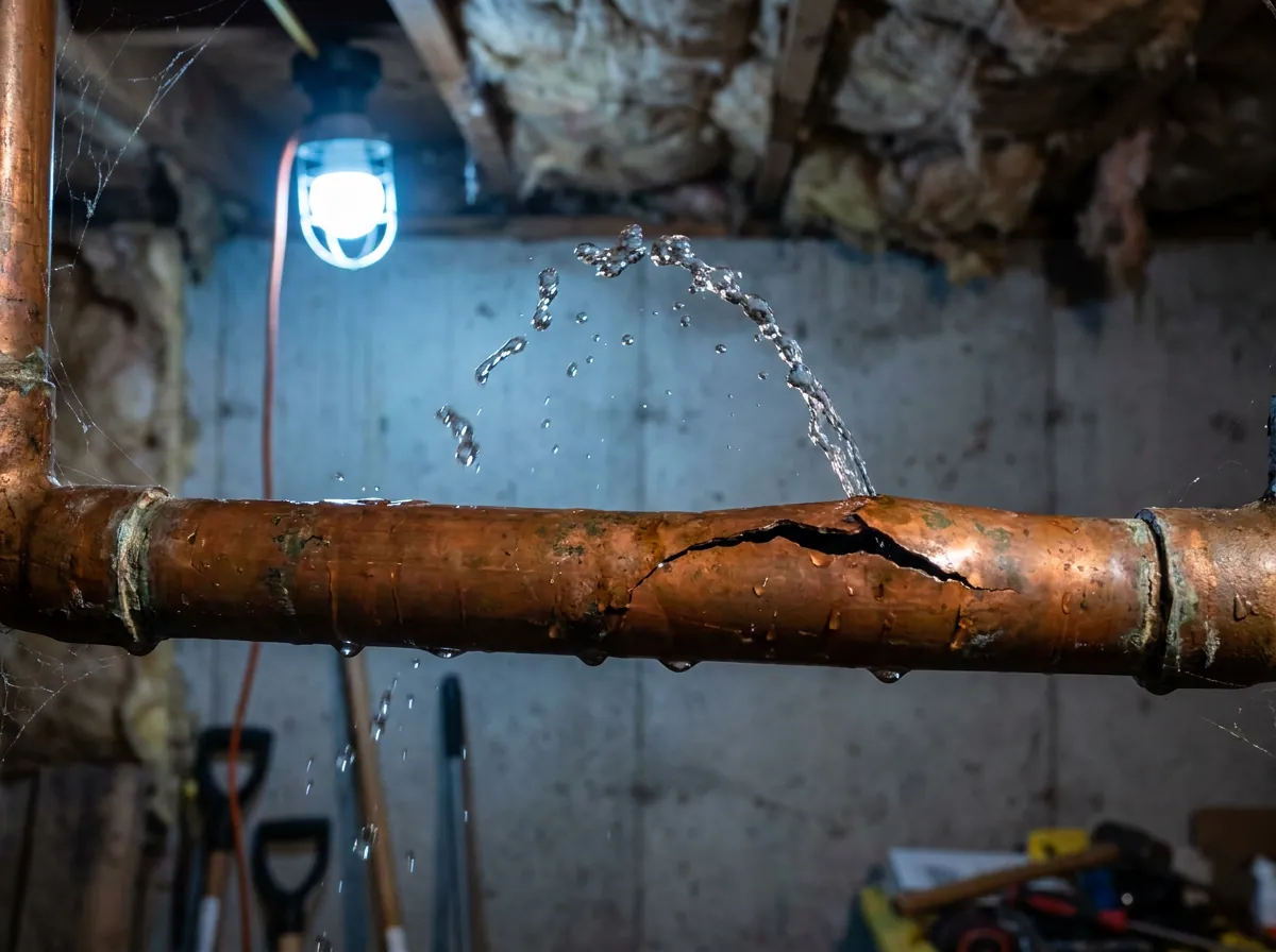 Burst copper supply pipe with a split seam spraying water