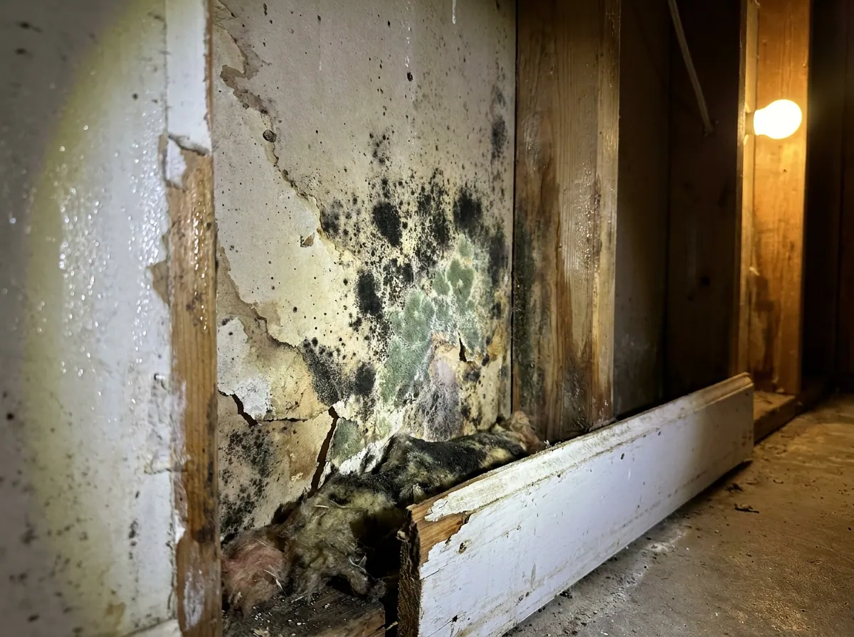 Mold growth on basement drywall behind a baseboard