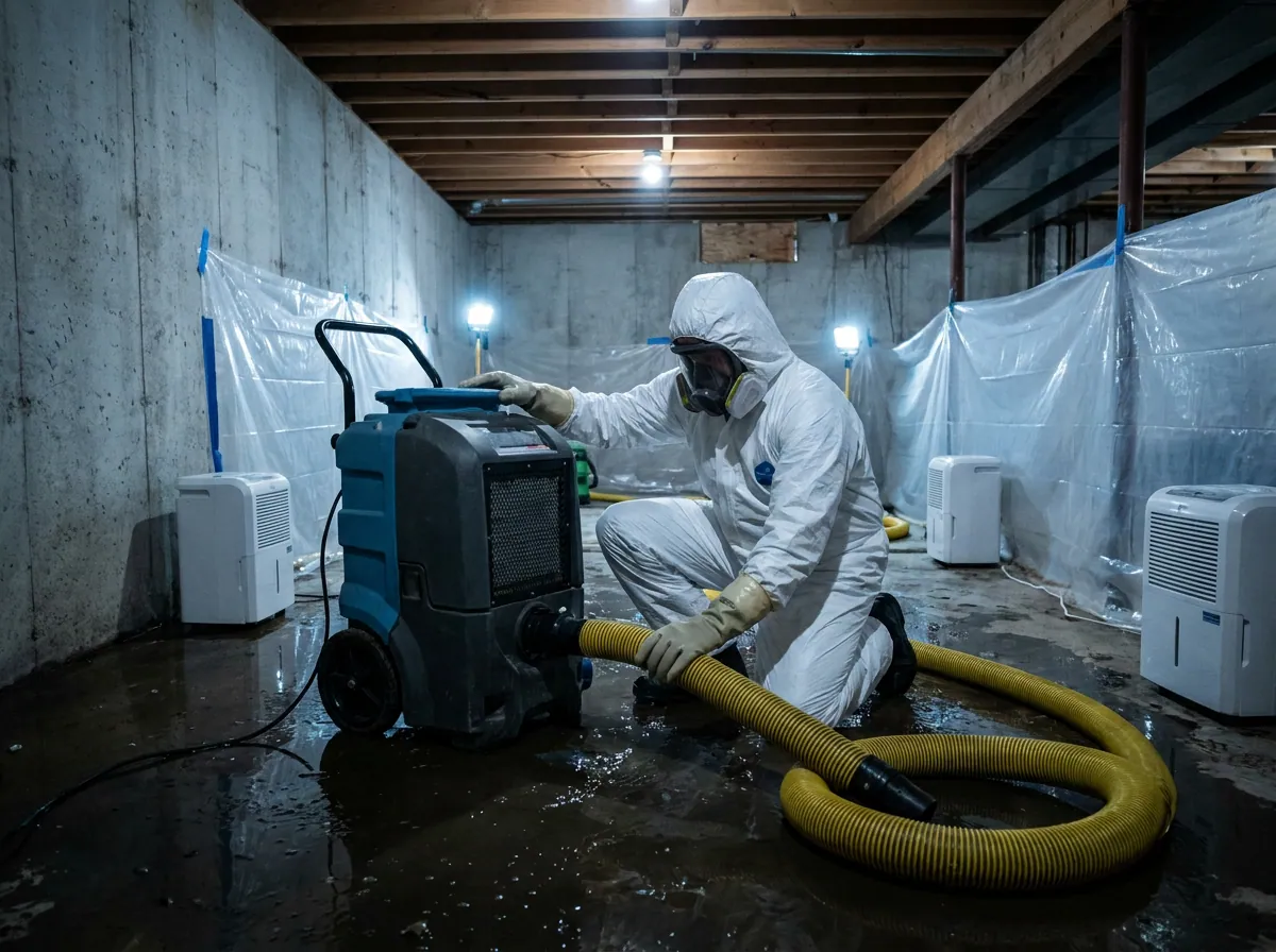 Technician in full PPE handling a Category 3 sewage backup