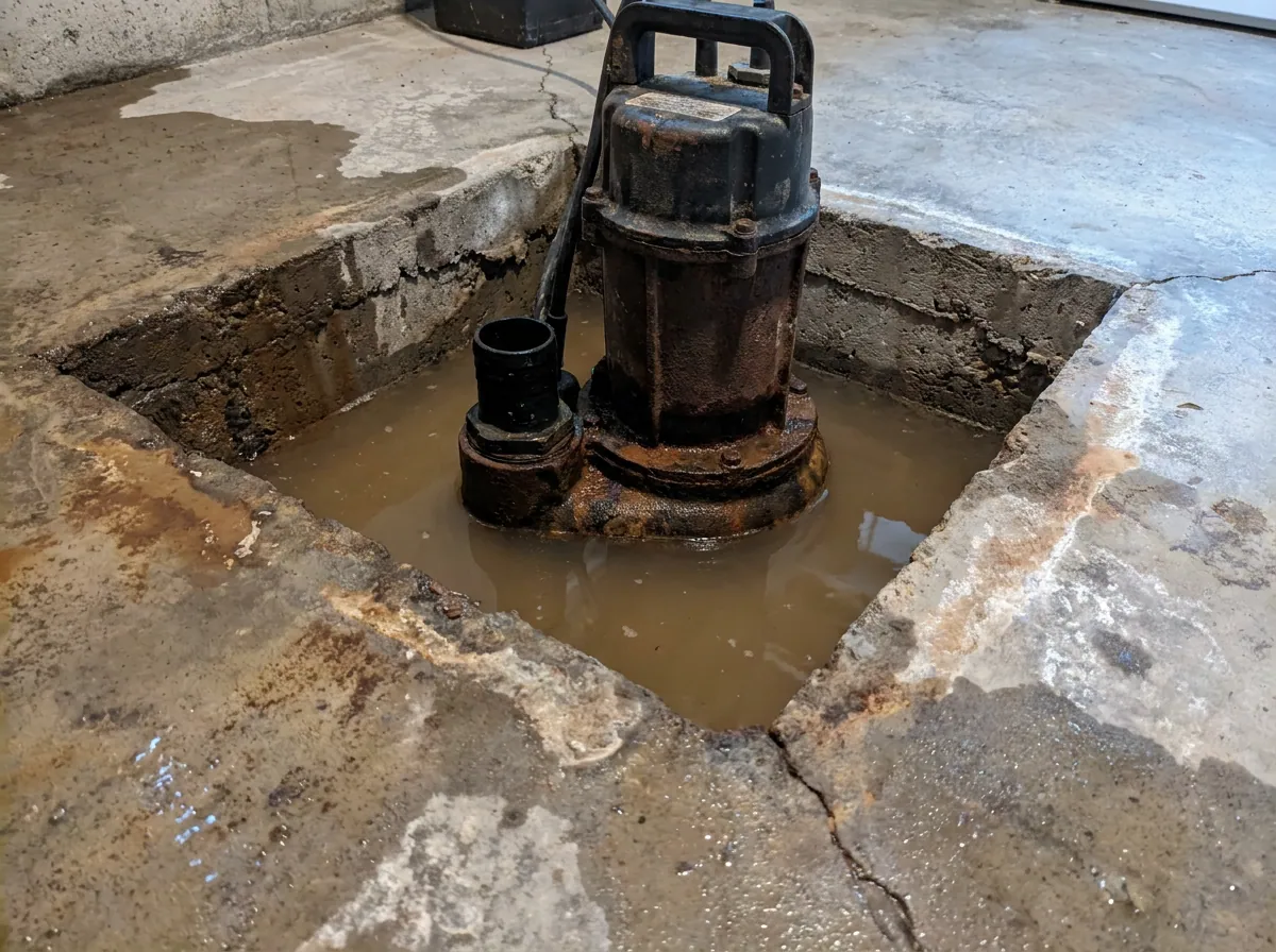 Failed sump pump in a pit with rising groundwater