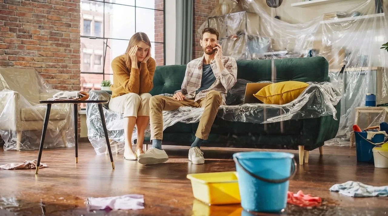 Worried Rochester homeowners on a plastic-covered sofa calling a water-damage restoration company as buckets catch water flooding the floor
