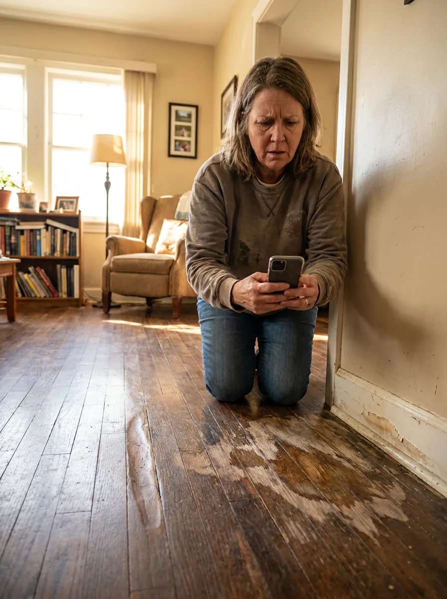 Homeowner photographing water damage on a phone before touching anything